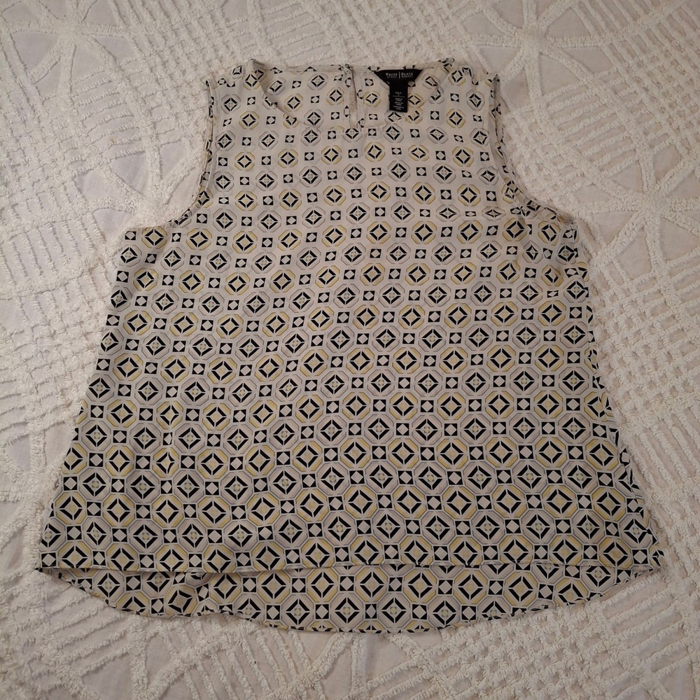 White House Black Market Large Silk Geometric Tile Print Sleeveless Blouse Grey